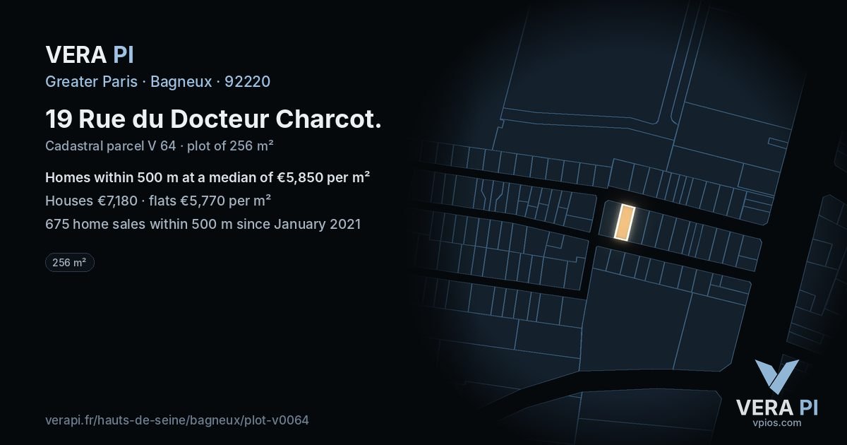 19 Rue du Docteur Charcot, Bagneux at night – the plot lit, the parcels around coloured by the prices near them