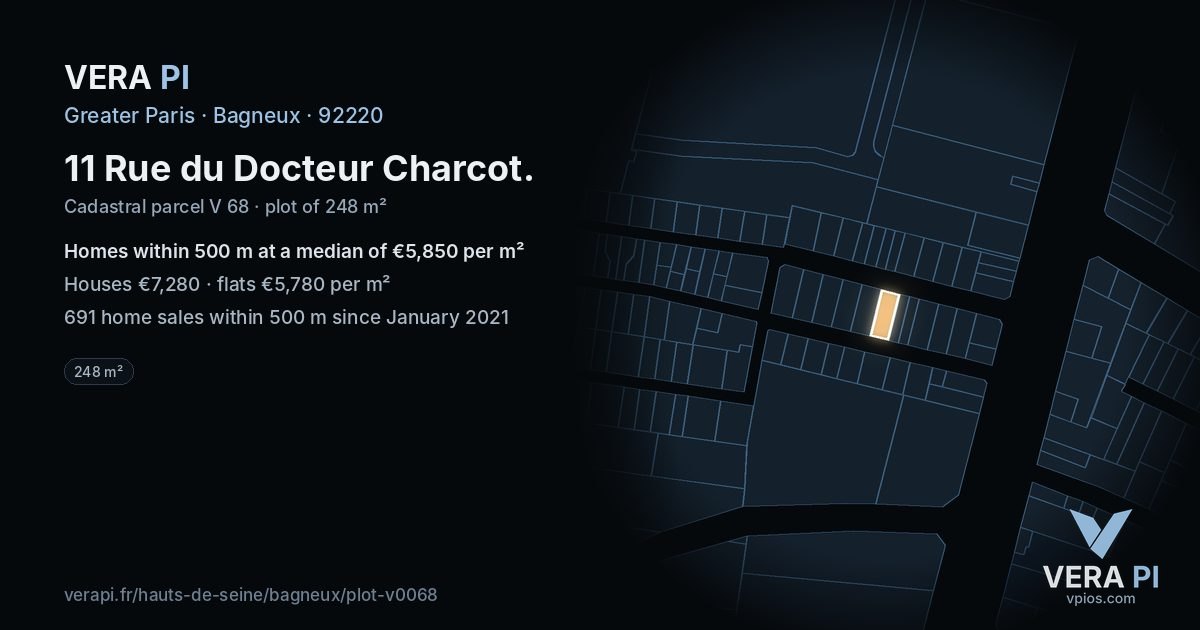 11 Rue du Docteur Charcot, Bagneux at night – the plot lit, the parcels around coloured by the prices near them