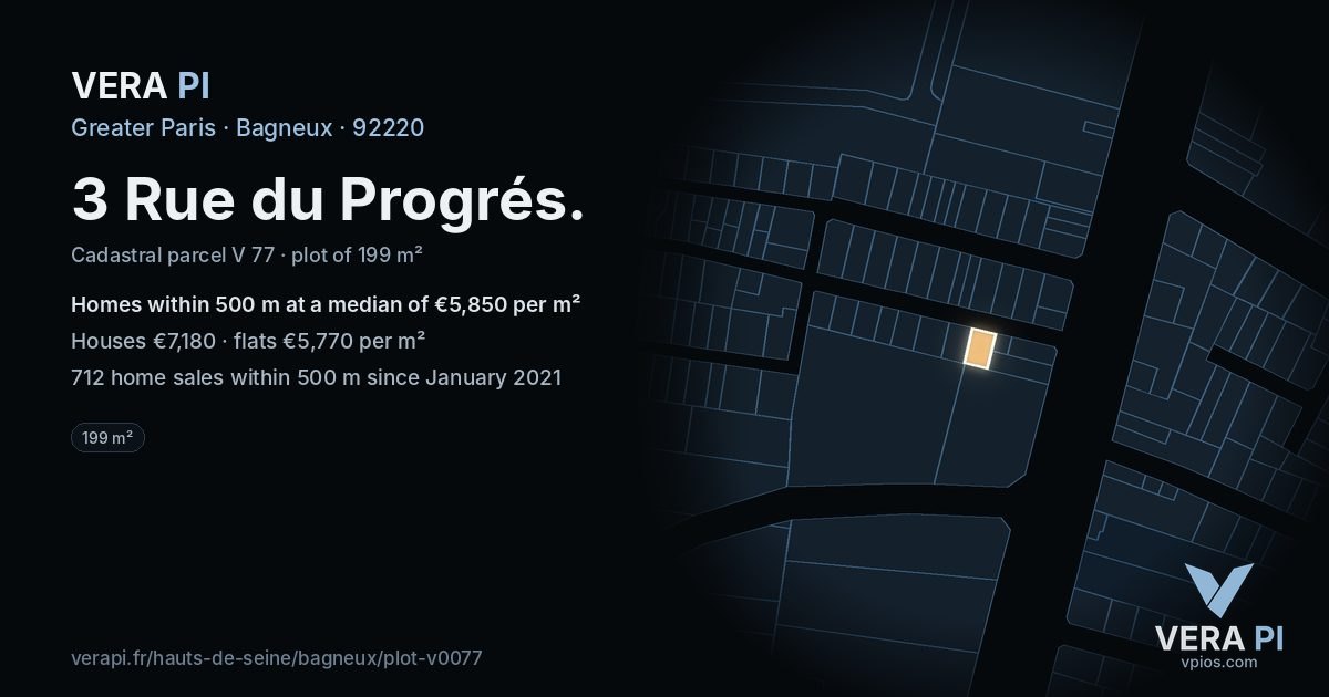 3 Rue du Progrés, Bagneux at night – the plot lit, the parcels around coloured by the prices near them