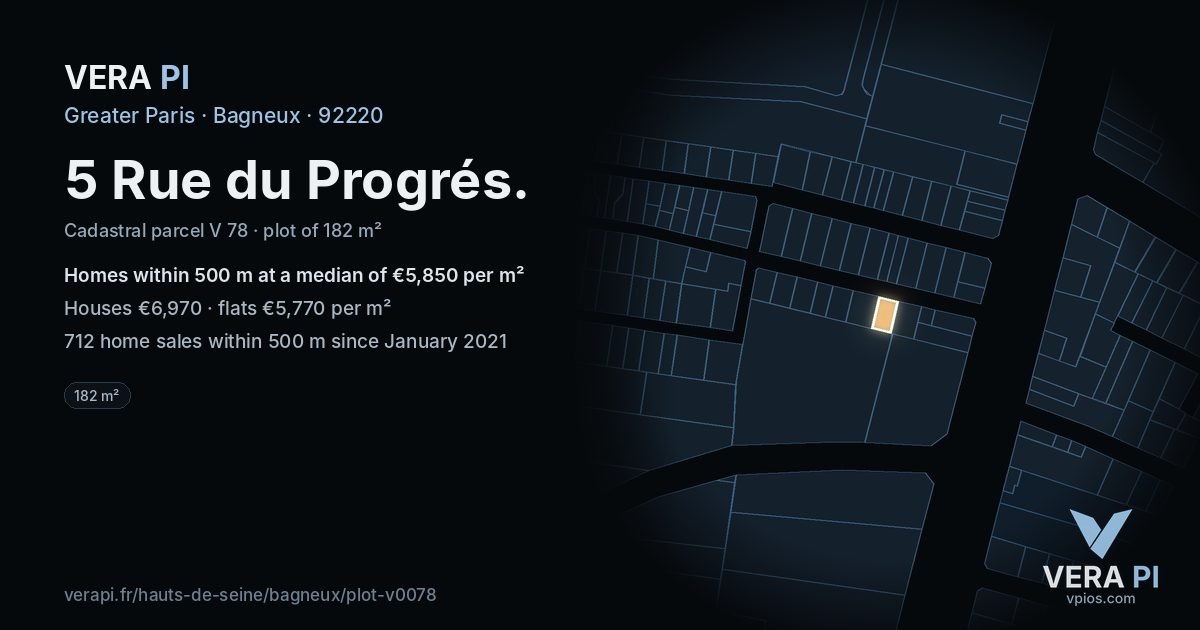 5 Rue du Progrés, Bagneux at night – the plot lit, the parcels around coloured by the prices near them