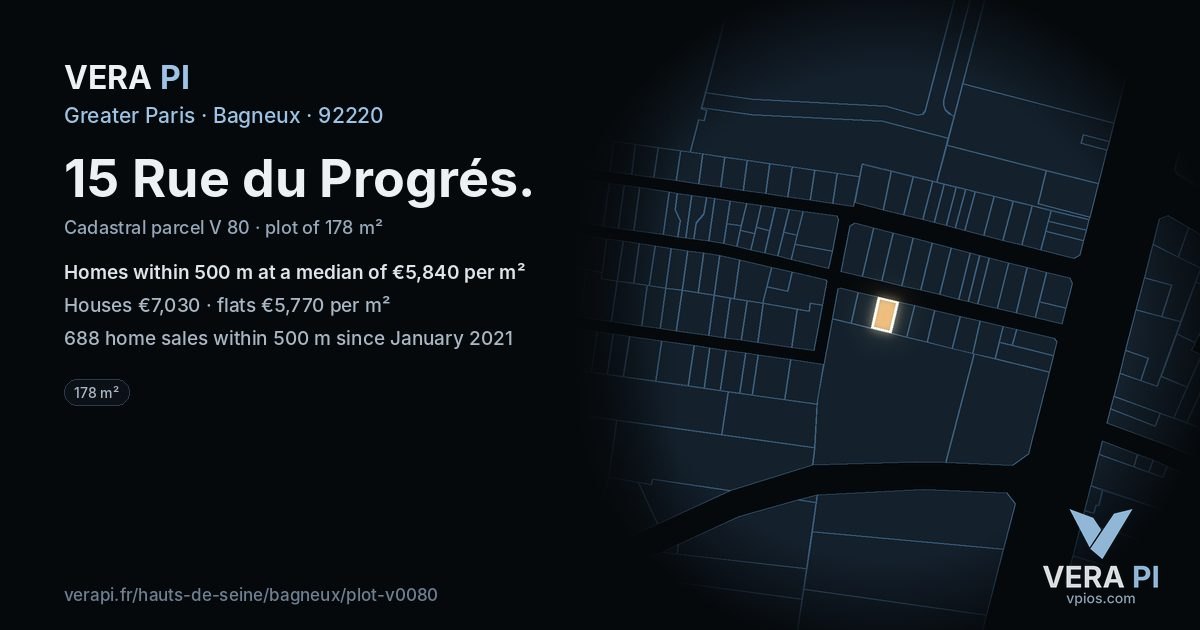 15 Rue du Progrés, Bagneux at night – the plot lit, the parcels around coloured by the prices near them