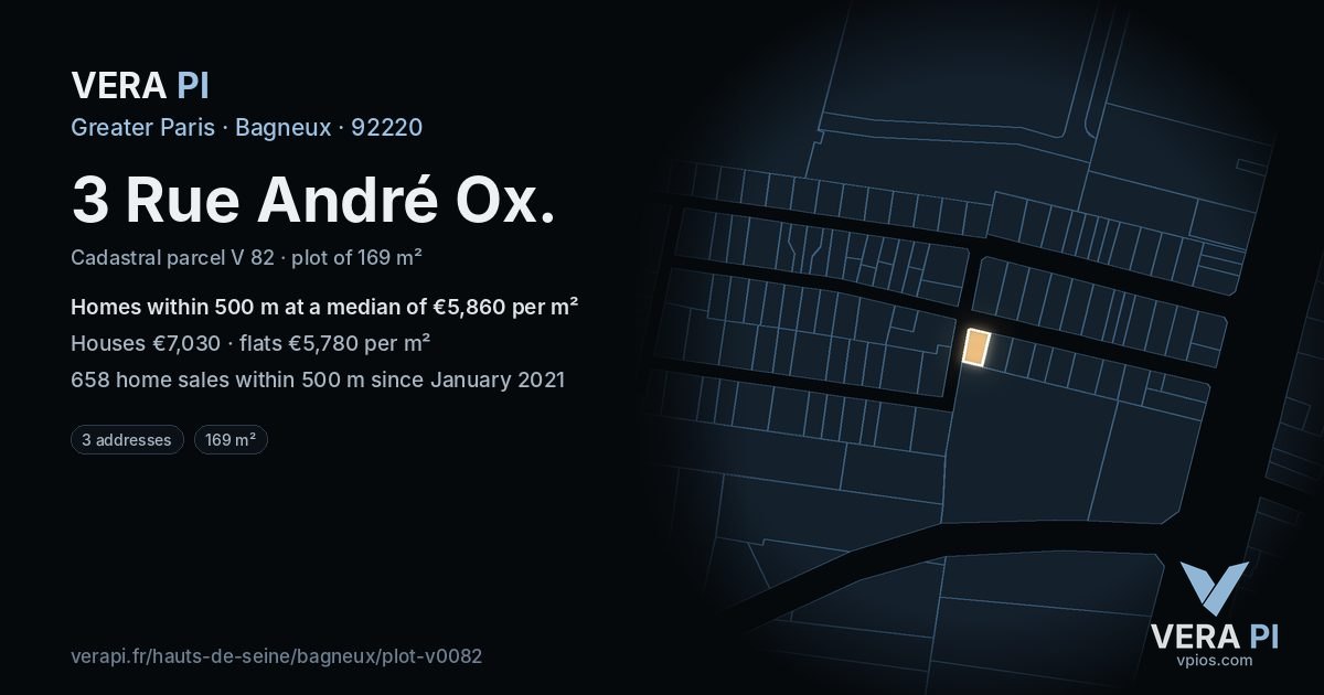 3 Rue André Ox, Bagneux at night – the plot lit, the parcels around coloured by the prices near them