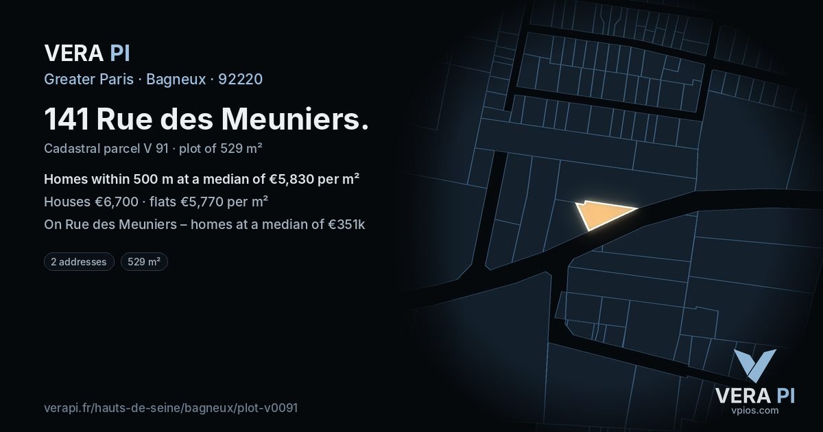 141 Rue des Meuniers, Bagneux at night – the plot lit, the parcels around coloured by the prices near them