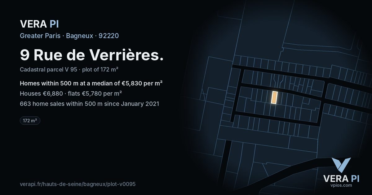 9 Rue de Verrières, Bagneux at night – the plot lit, the parcels around coloured by the prices near them