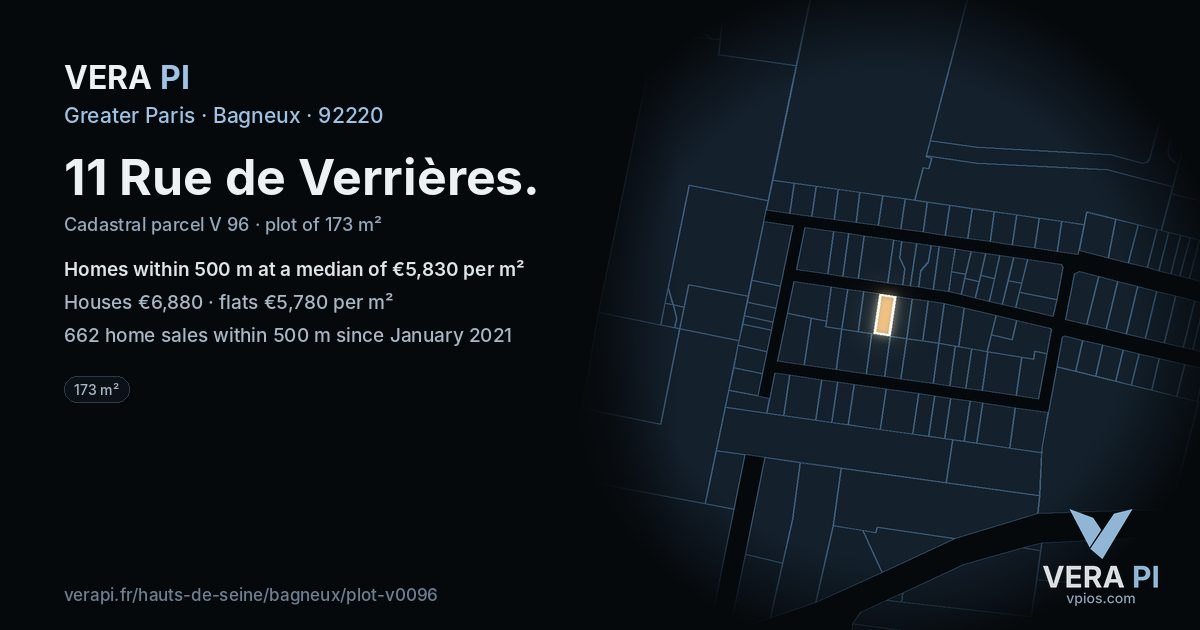 11 Rue de Verrières, Bagneux at night – the plot lit, the parcels around coloured by the prices near them