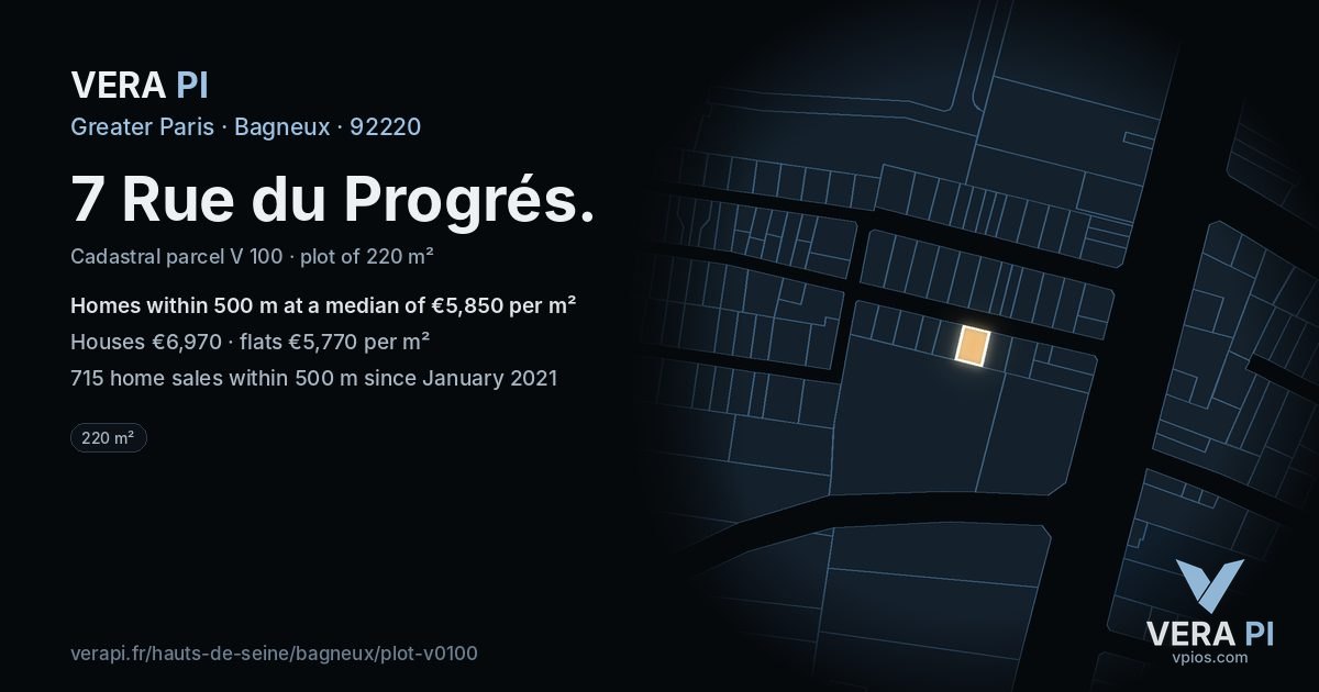 7 Rue du Progrés, Bagneux at night – the plot lit, the parcels around coloured by the prices near them