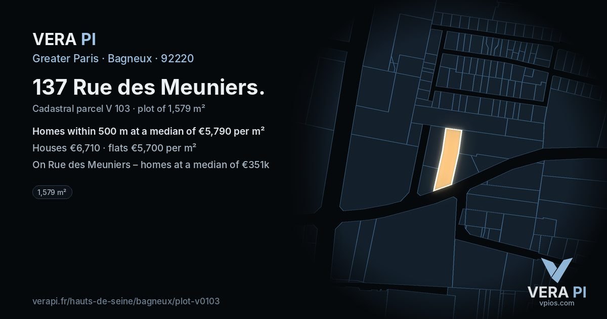 137 Rue des Meuniers, Bagneux at night – the plot lit, the parcels around coloured by the prices near them