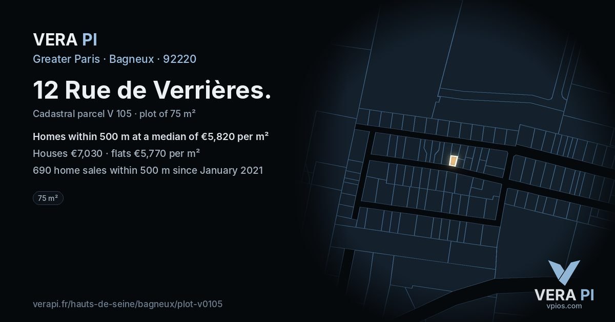 12 Rue de Verrières, Bagneux at night – the plot lit, the parcels around coloured by the prices near them