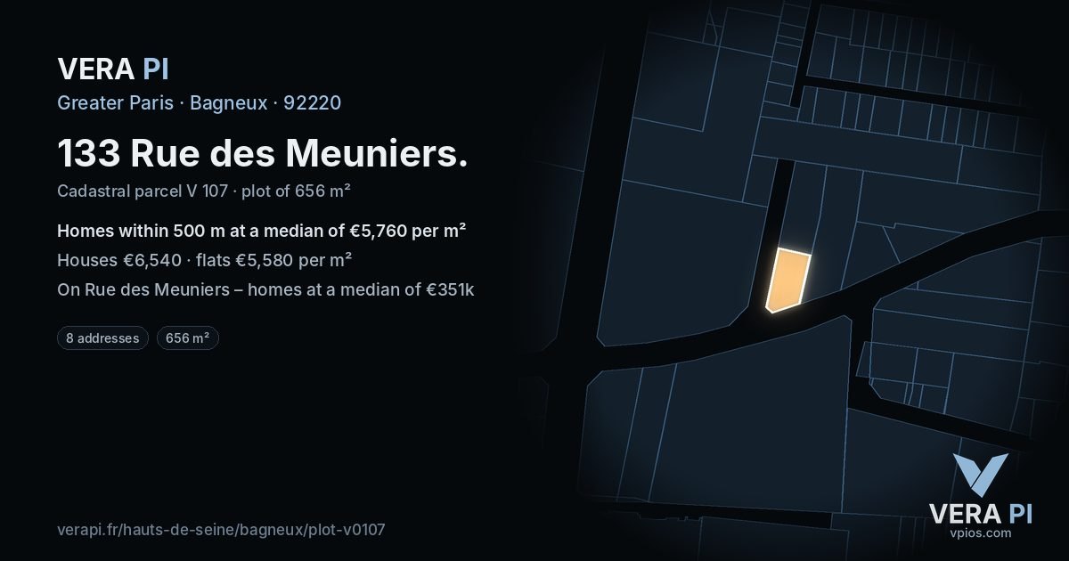 133 Rue des Meuniers, Bagneux at night – the plot lit, the parcels around coloured by the prices near them