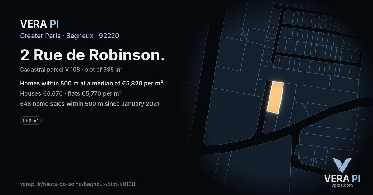 2 Rue de Robinson, Bagneux at night – the plot lit, the parcels around coloured by the prices near them