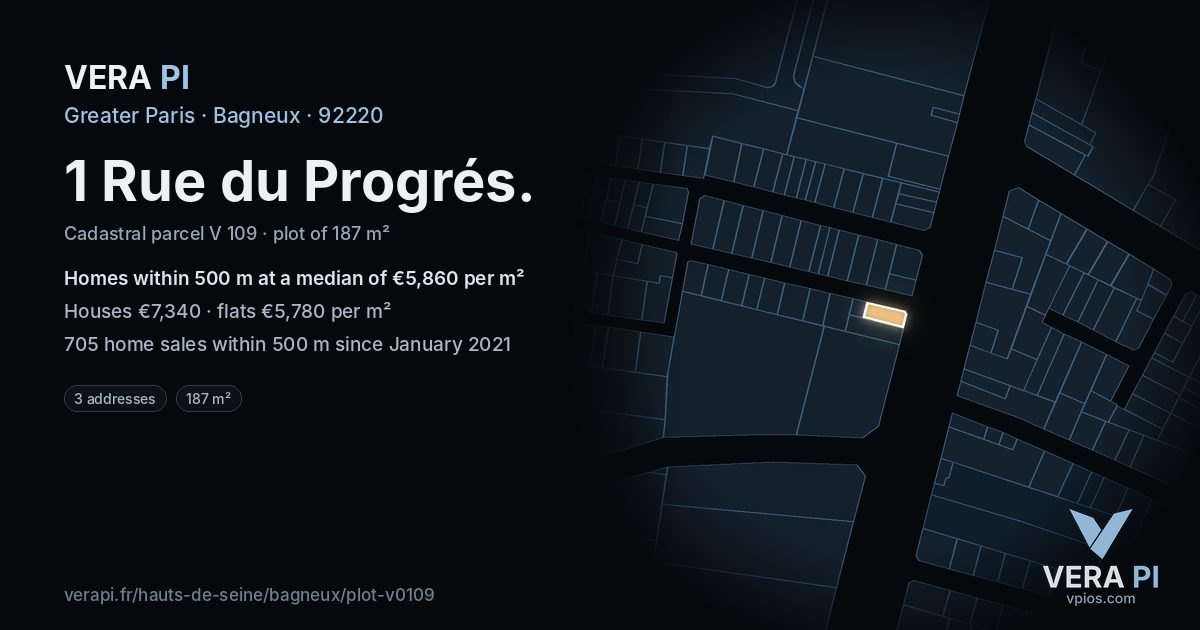 1 Rue du Progrés, Bagneux at night – the plot lit, the parcels around coloured by the prices near them