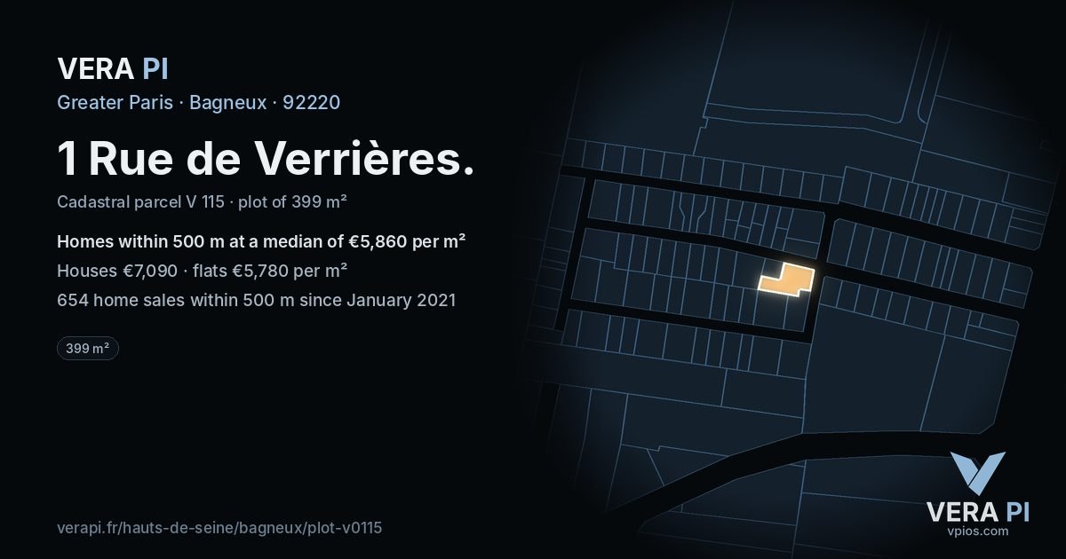 1 Rue de Verrières, Bagneux at night – the plot lit, the parcels around coloured by the prices near them
