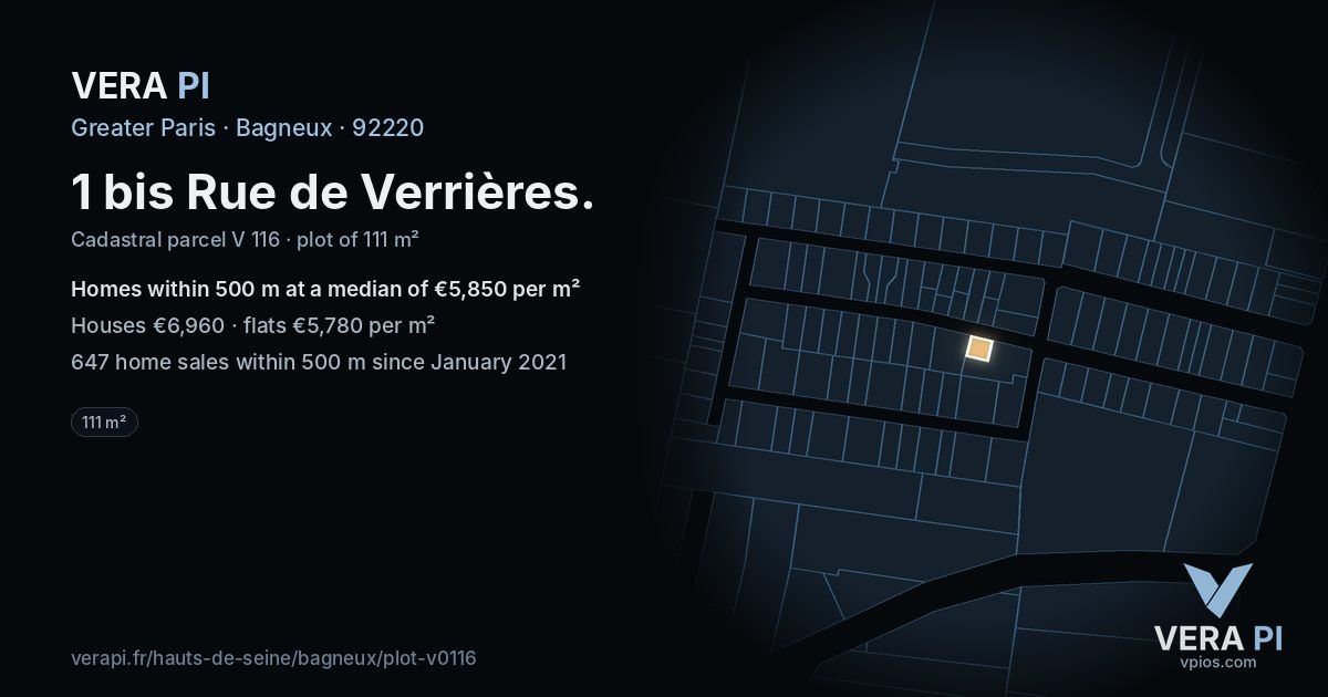 1 bis Rue de Verrières, Bagneux at night – the plot lit, the parcels around coloured by the prices near them