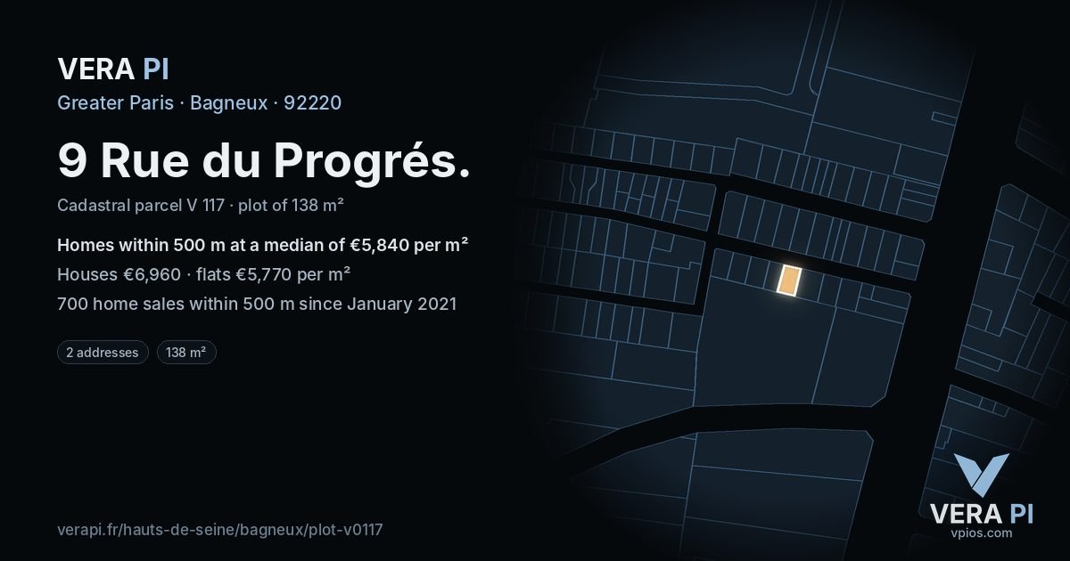 9 Rue du Progrés, Bagneux at night – the plot lit, the parcels around coloured by the prices near them