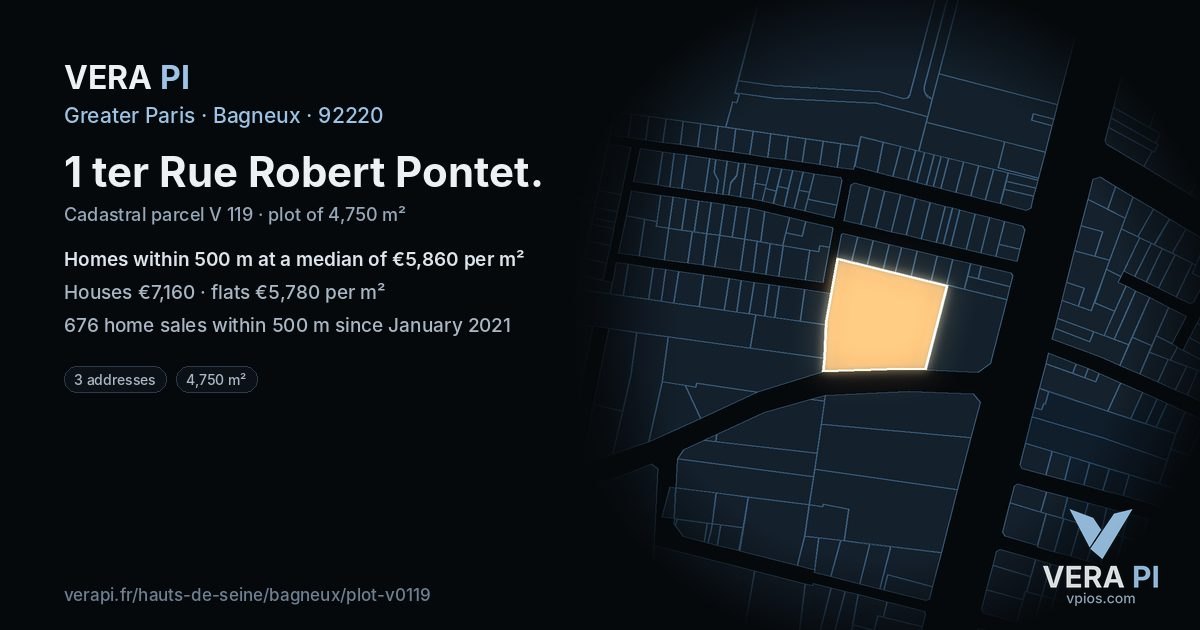 1 ter Rue Robert Pontet, Bagneux at night – the plot lit, the parcels around coloured by the prices near them