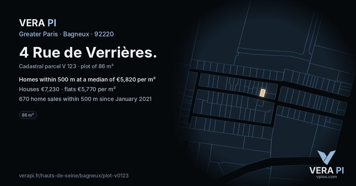 4 Rue de Verrières, Bagneux at night – the plot lit, the parcels around coloured by the prices near them
