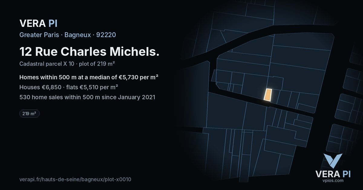 12 Rue Charles Michels, Bagneux at night – the plot lit, the parcels around coloured by the prices near them