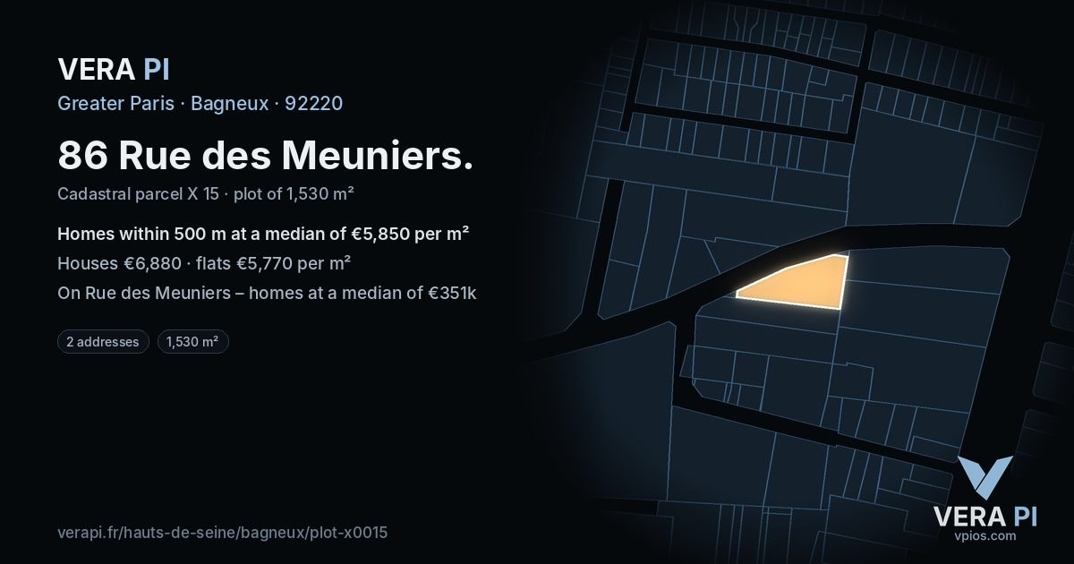 86 Rue des Meuniers, Bagneux at night – the plot lit, the parcels around coloured by the prices near them