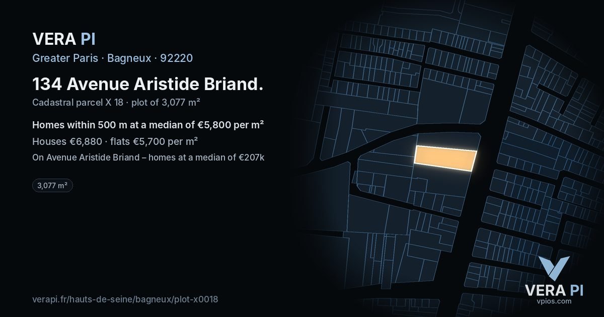 134 Avenue Aristide Briand, Bagneux at night – the plot lit, the parcels around coloured by the prices near them