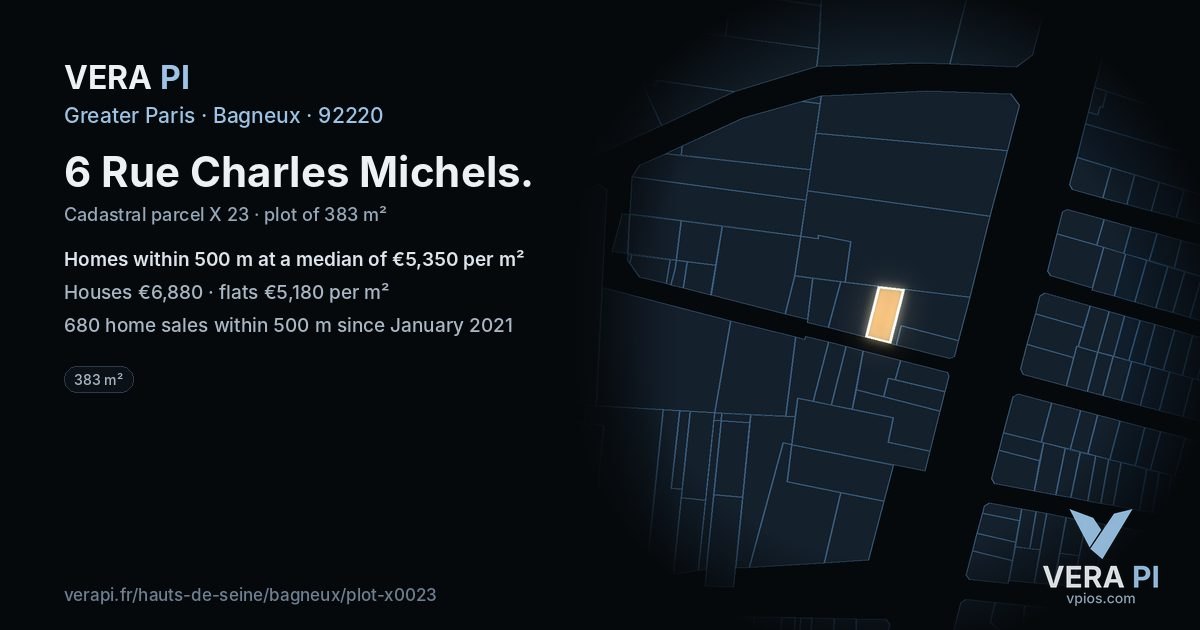 6 Rue Charles Michels, Bagneux at night – the plot lit, the parcels around coloured by the prices near them