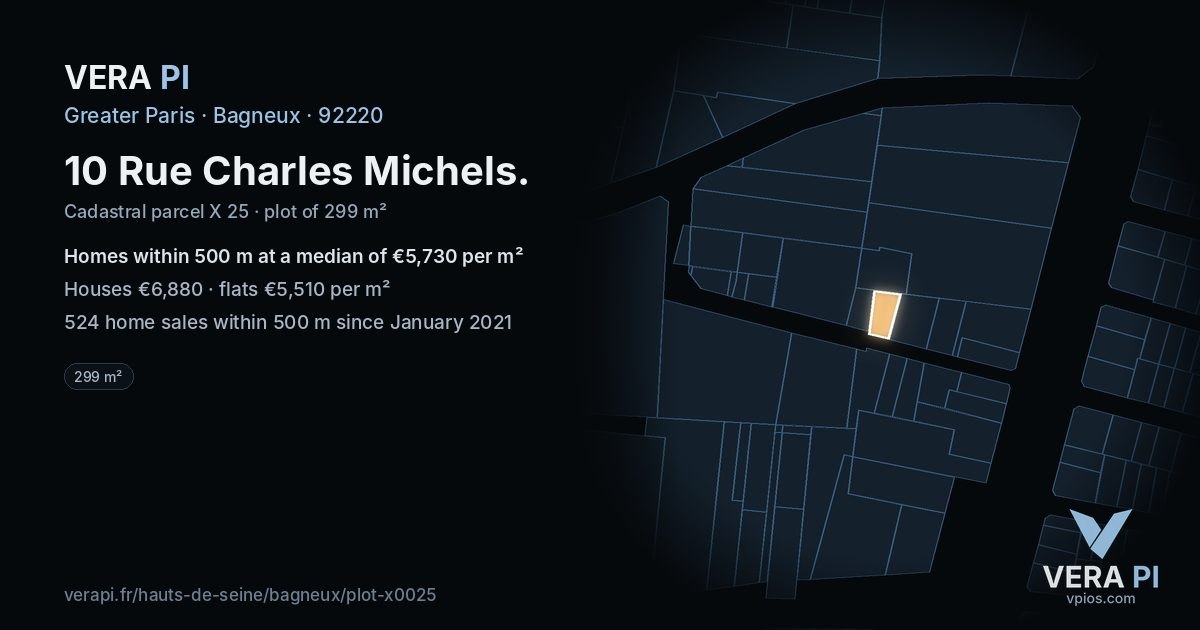 10 Rue Charles Michels, Bagneux at night – the plot lit, the parcels around coloured by the prices near them