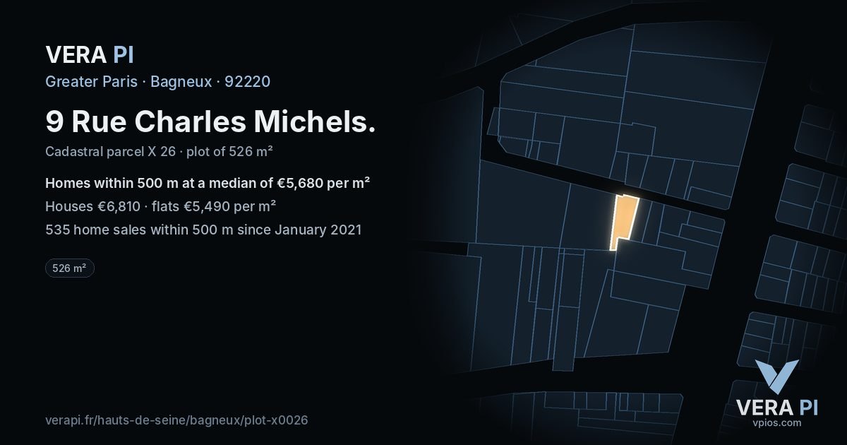 9 Rue Charles Michels, Bagneux at night – the plot lit, the parcels around coloured by the prices near them