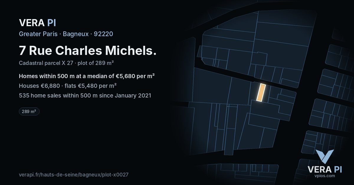 7 Rue Charles Michels, Bagneux at night – the plot lit, the parcels around coloured by the prices near them