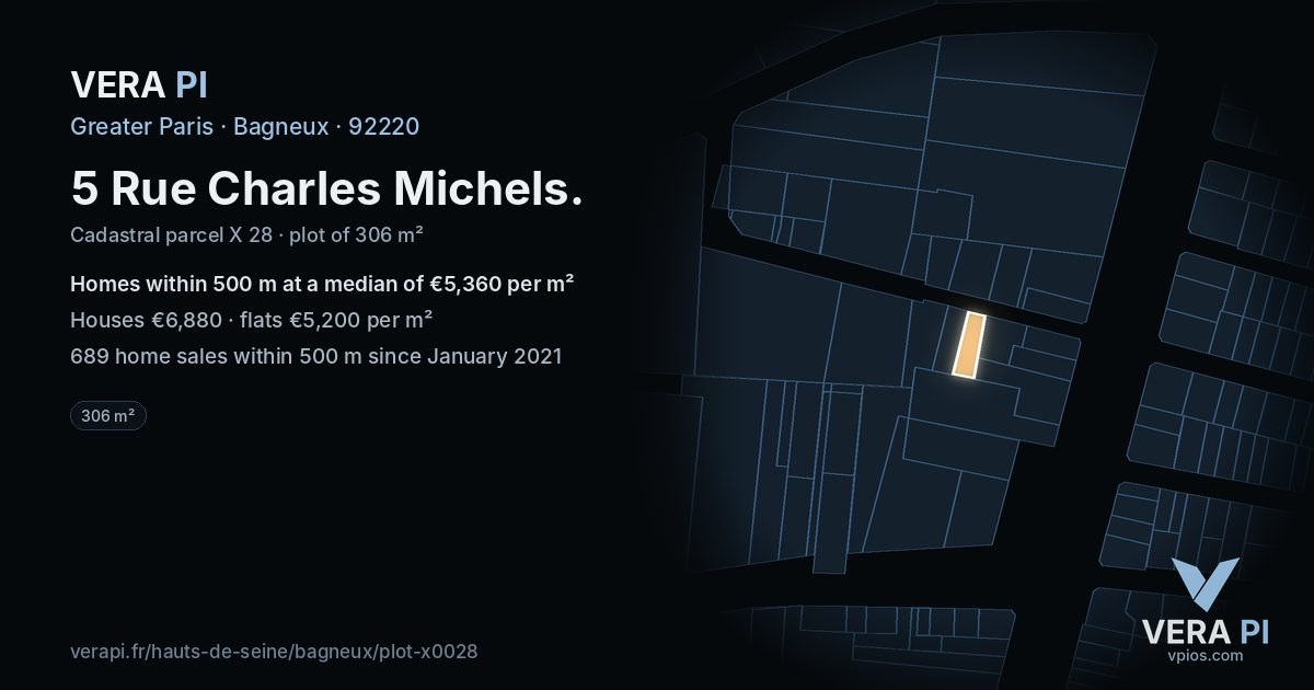 5 Rue Charles Michels, Bagneux at night – the plot lit, the parcels around coloured by the prices near them