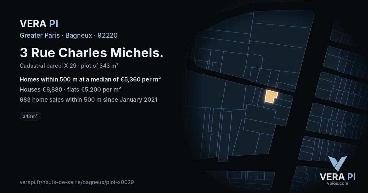 3 Rue Charles Michels, Bagneux at night – the plot lit, the parcels around coloured by the prices near them