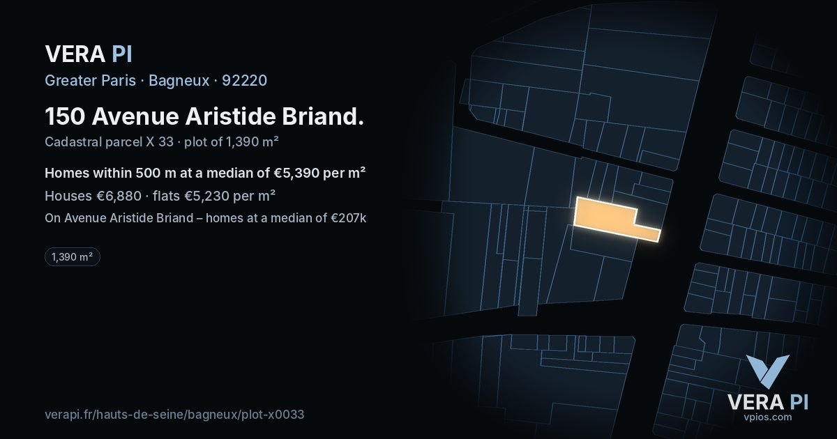 150 Avenue Aristide Briand, Bagneux at night – the plot lit, the parcels around coloured by the prices near them
