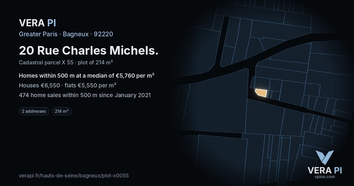 20 Rue Charles Michels, Bagneux at night – the plot lit, the parcels around coloured by the prices near them