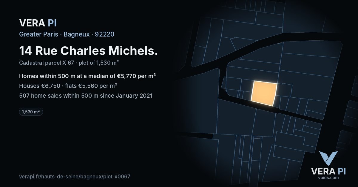 14 Rue Charles Michels, Bagneux at night – the plot lit, the parcels around coloured by the prices near them
