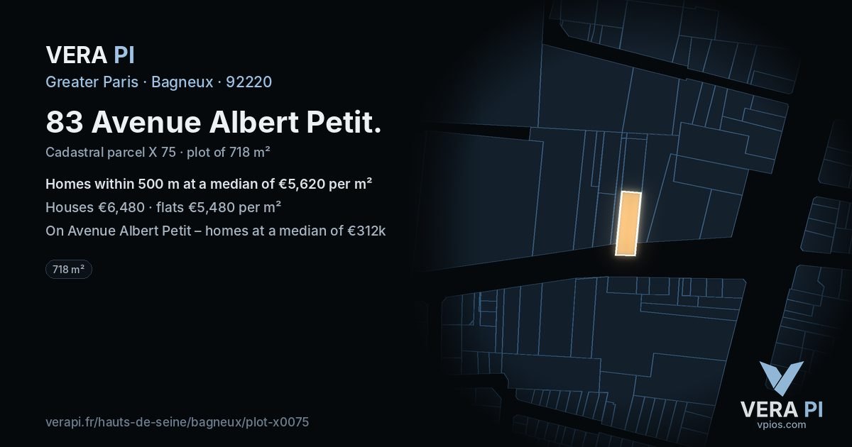 83 Avenue Albert Petit, Bagneux at night – the plot lit, the parcels around coloured by the prices near them