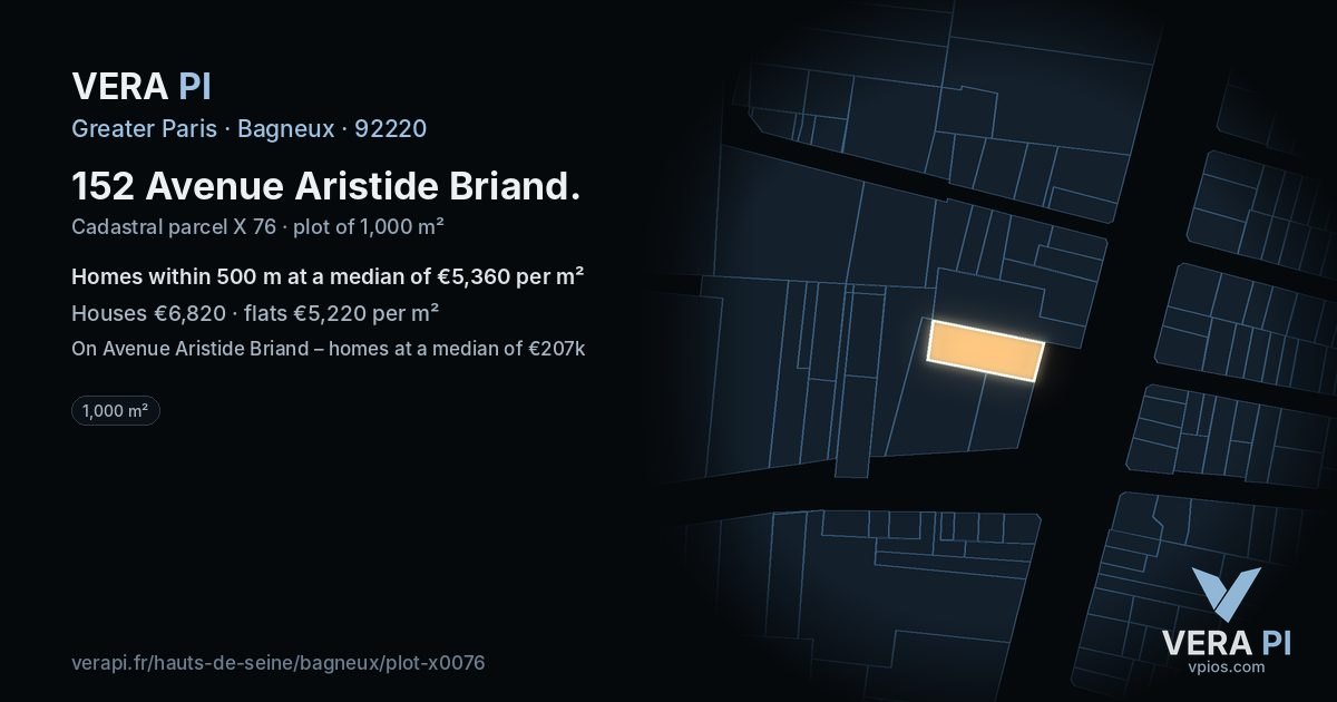152 Avenue Aristide Briand, Bagneux at night – the plot lit, the parcels around coloured by the prices near them