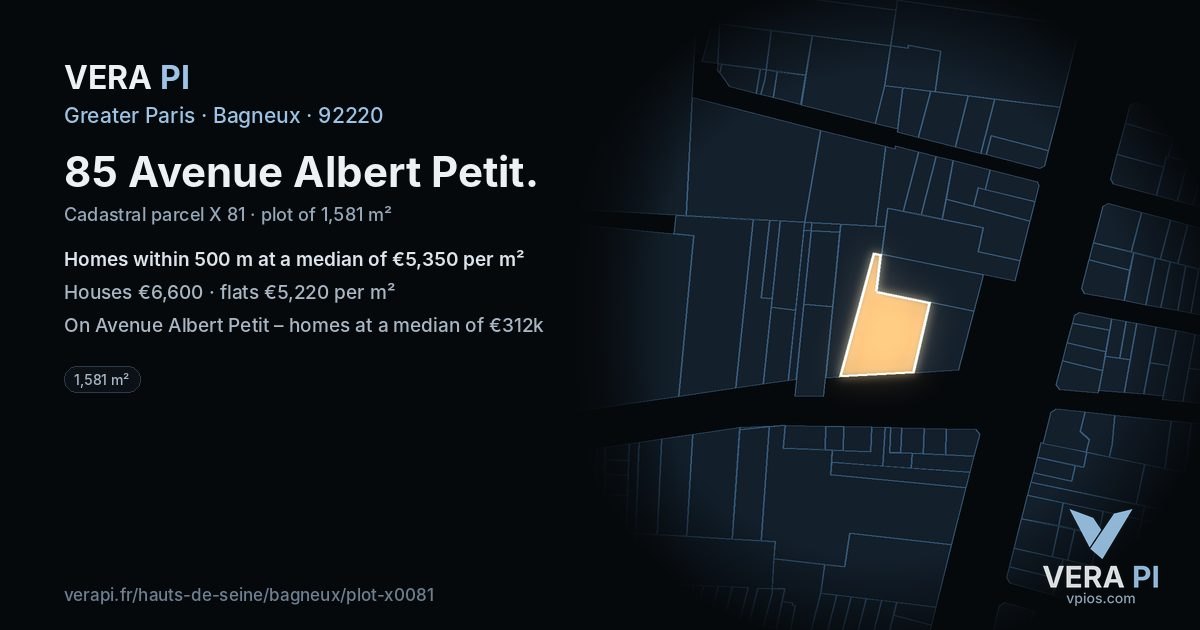 85 Avenue Albert Petit, Bagneux at night – the plot lit, the parcels around coloured by the prices near them