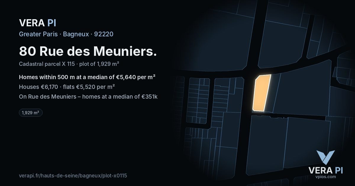 80 Rue des Meuniers, Bagneux at night – the plot lit, the parcels around coloured by the prices near them