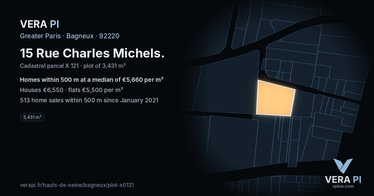15 Rue Charles Michels, Bagneux at night – the plot lit, the parcels around coloured by the prices near them