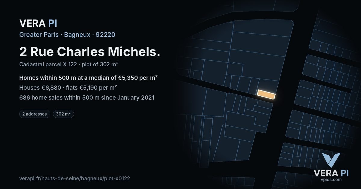 2 Rue Charles Michels, Bagneux at night – the plot lit, the parcels around coloured by the prices near them