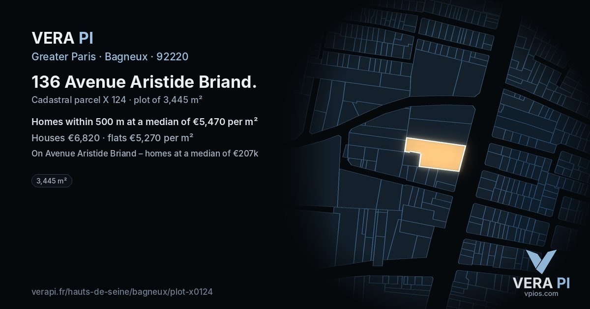 136 Avenue Aristide Briand, Bagneux at night – the plot lit, the parcels around coloured by the prices near them