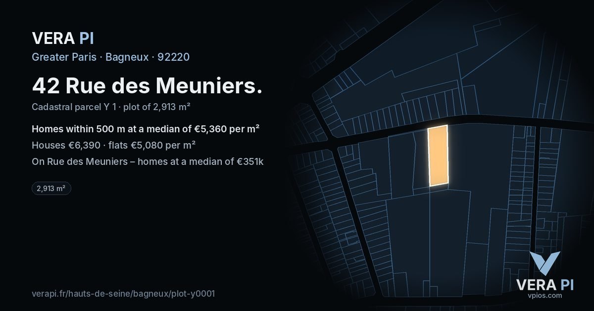 42 Rue des Meuniers, Bagneux at night – the plot lit, the parcels around coloured by the prices near them