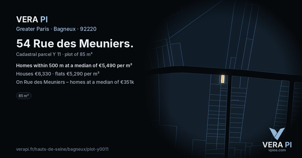 54 Rue des Meuniers, Bagneux at night – the plot lit, the parcels around coloured by the prices near them
