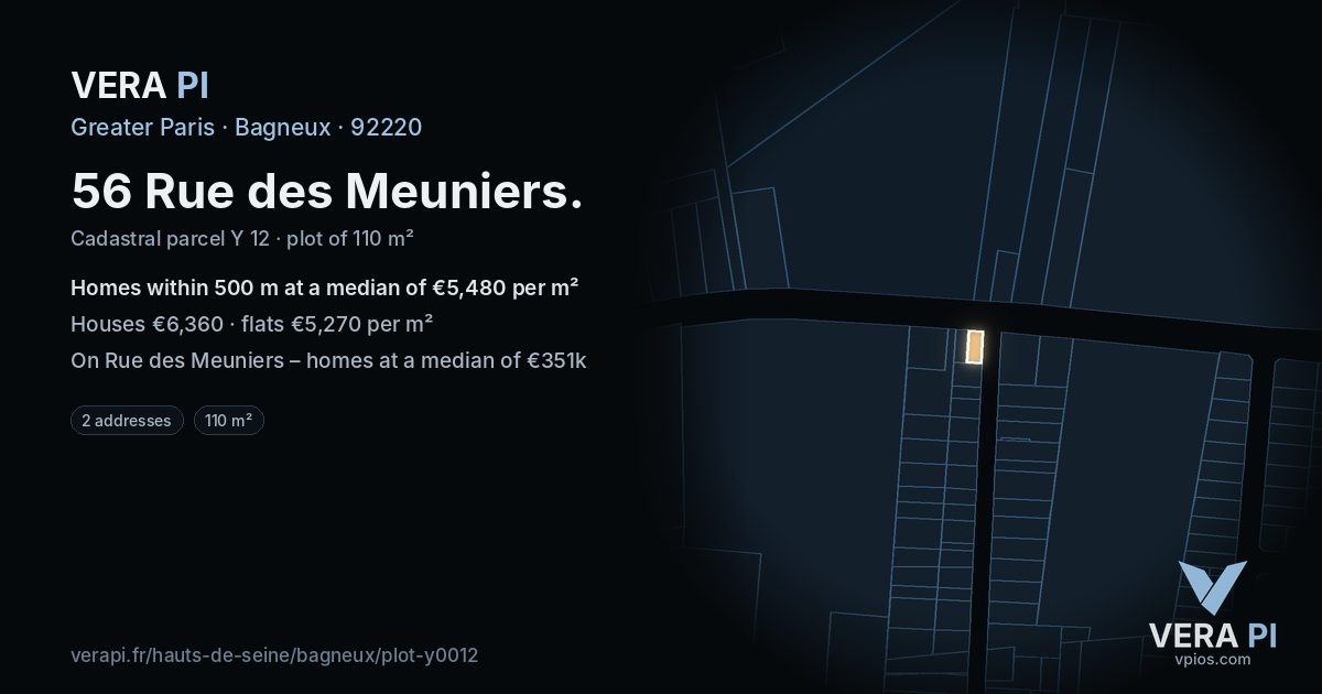56 Rue des Meuniers, Bagneux at night – the plot lit, the parcels around coloured by the prices near them
