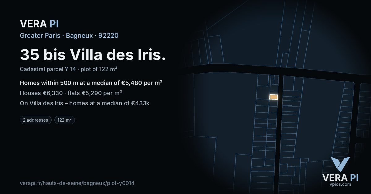 35 bis Villa des Iris, Bagneux at night – the plot lit, the parcels around coloured by the prices near them
