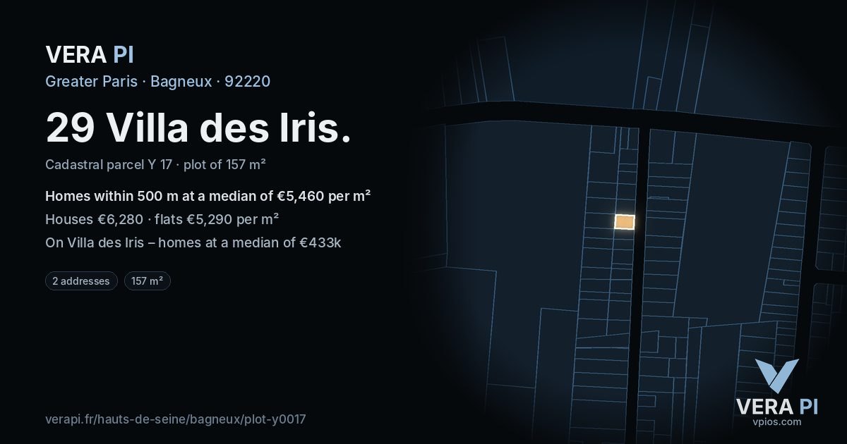 29 Villa des Iris, Bagneux at night – the plot lit, the parcels around coloured by the prices near them