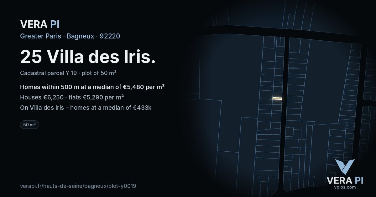 25 Villa des Iris, Bagneux at night – the plot lit, the parcels around coloured by the prices near them