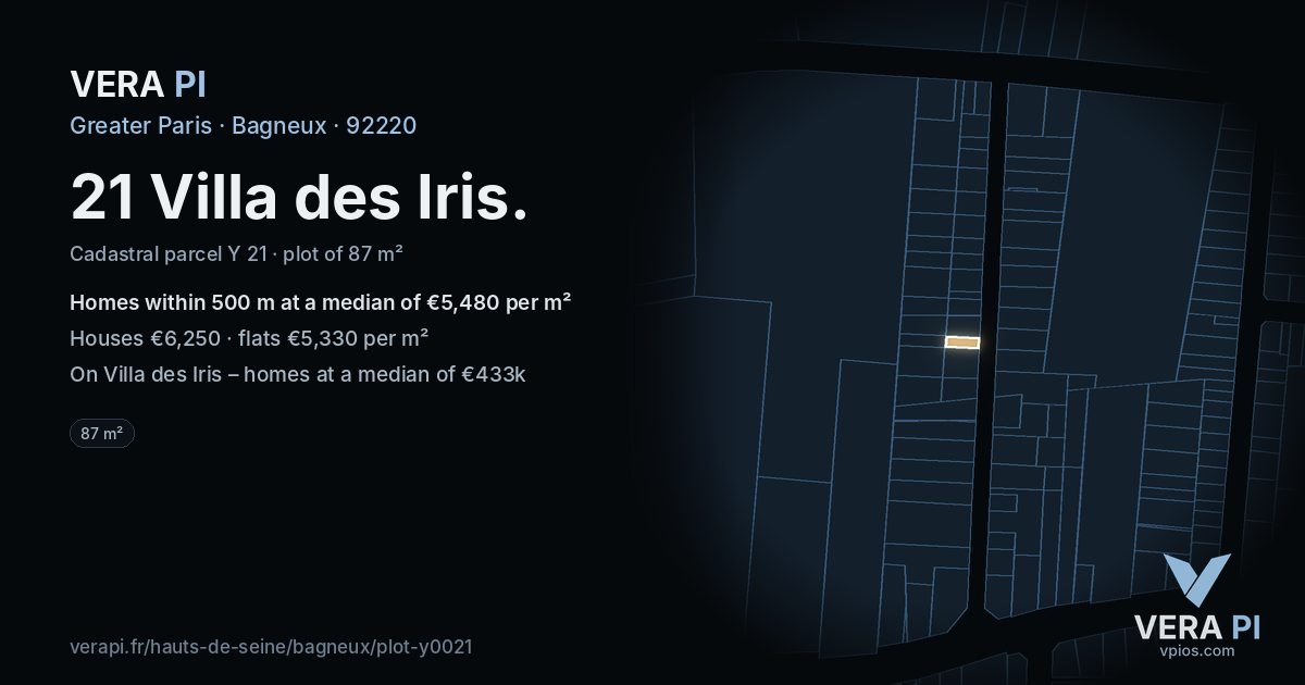 21 Villa des Iris, Bagneux at night – the plot lit, the parcels around coloured by the prices near them