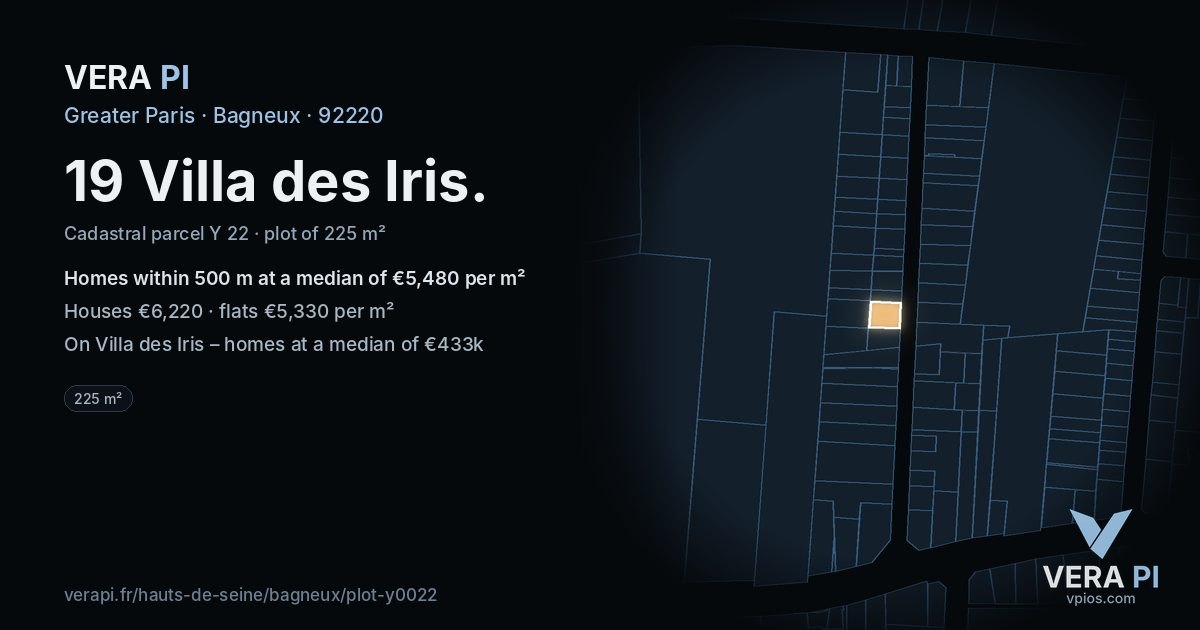 19 Villa des Iris, Bagneux at night – the plot lit, the parcels around coloured by the prices near them