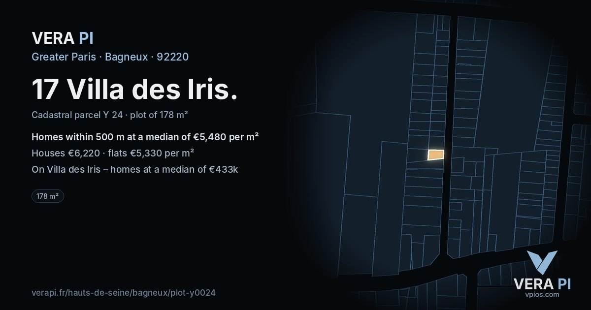 17 Villa des Iris, Bagneux at night – the plot lit, the parcels around coloured by the prices near them
