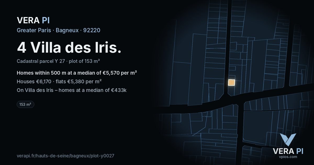 4 Villa des Iris, Bagneux at night – the plot lit, the parcels around coloured by the prices near them