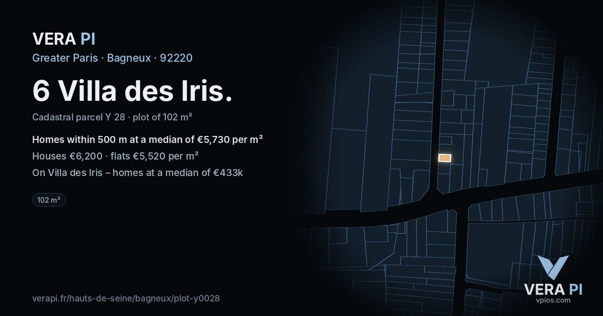 6 Villa des Iris, Bagneux at night – the plot lit, the parcels around coloured by the prices near them